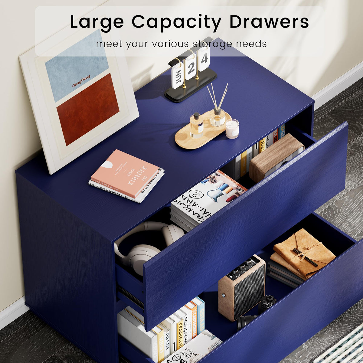 ModernMate 31.5" Lateral Wood Filing Cabinet with 2 Large Drawers, Blue