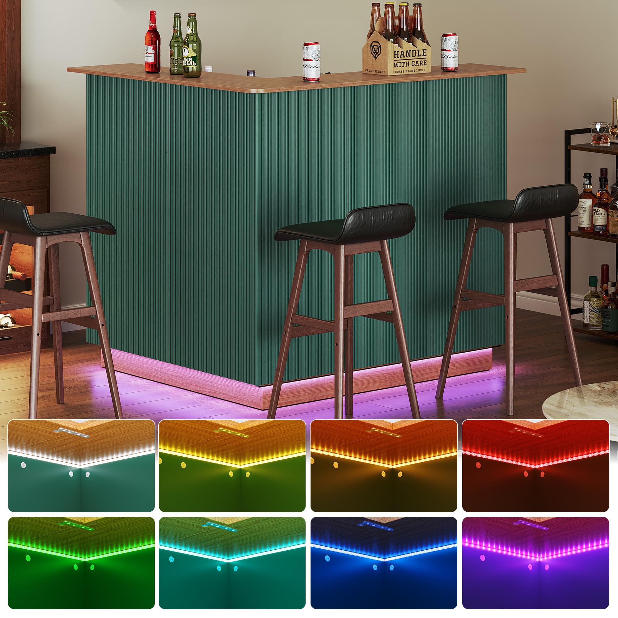 ARTPOWER L Shaped Home Bar Cabinet with Fridge Space, Oversized Modern Basement Coffee Bar Table with LED Strip, Fluted 4-Tier Corner Wine Cabinet with Stemware Racks for Dining Living Room, Green