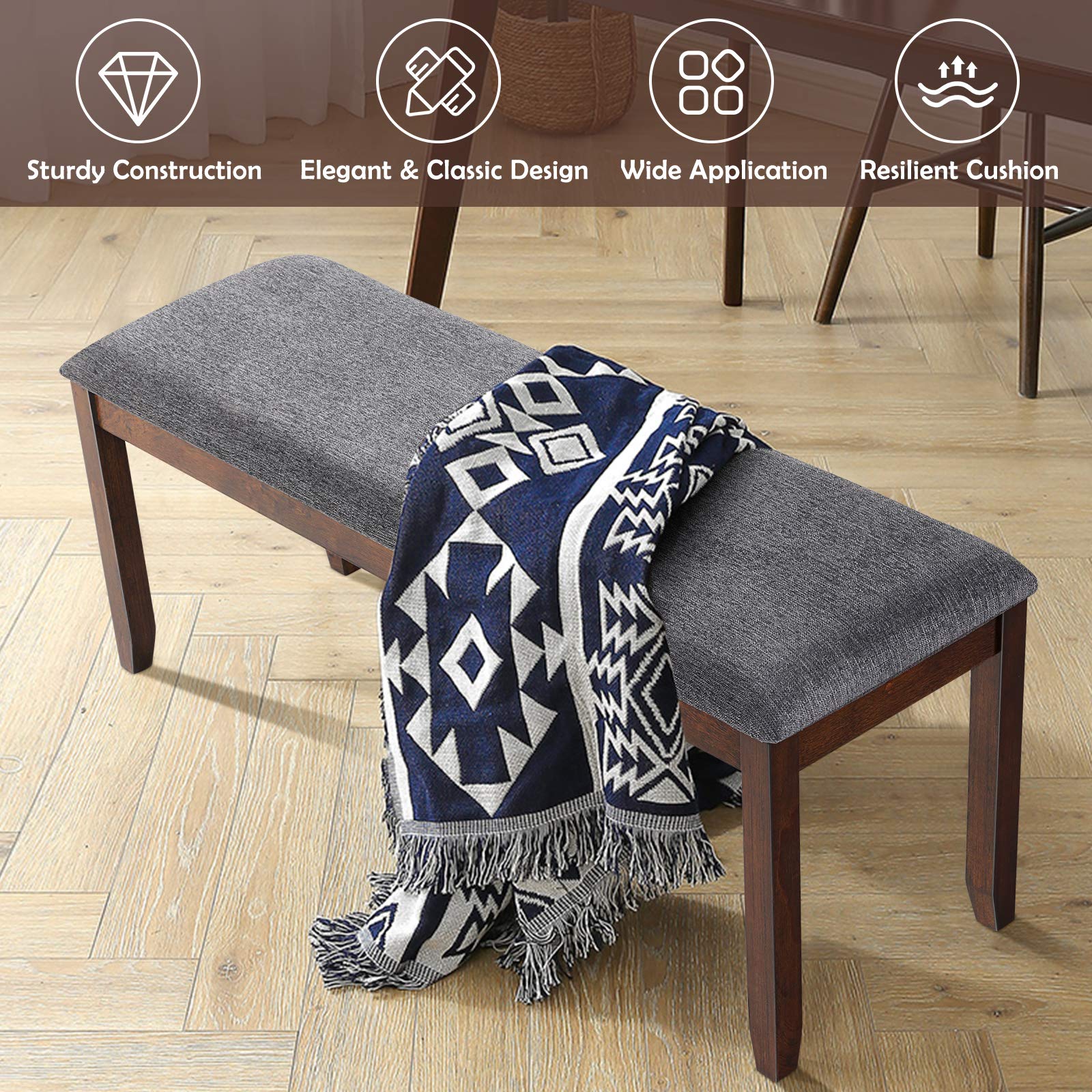 Giantex Dining Room Bench with Upholstered Padded Seat, 660lbs Capacity, 47.5" x 15.5" x 19.5" Ottoman, Wood Kitchen Table Bench for Entryway, Bedroom End of Bed, Grey