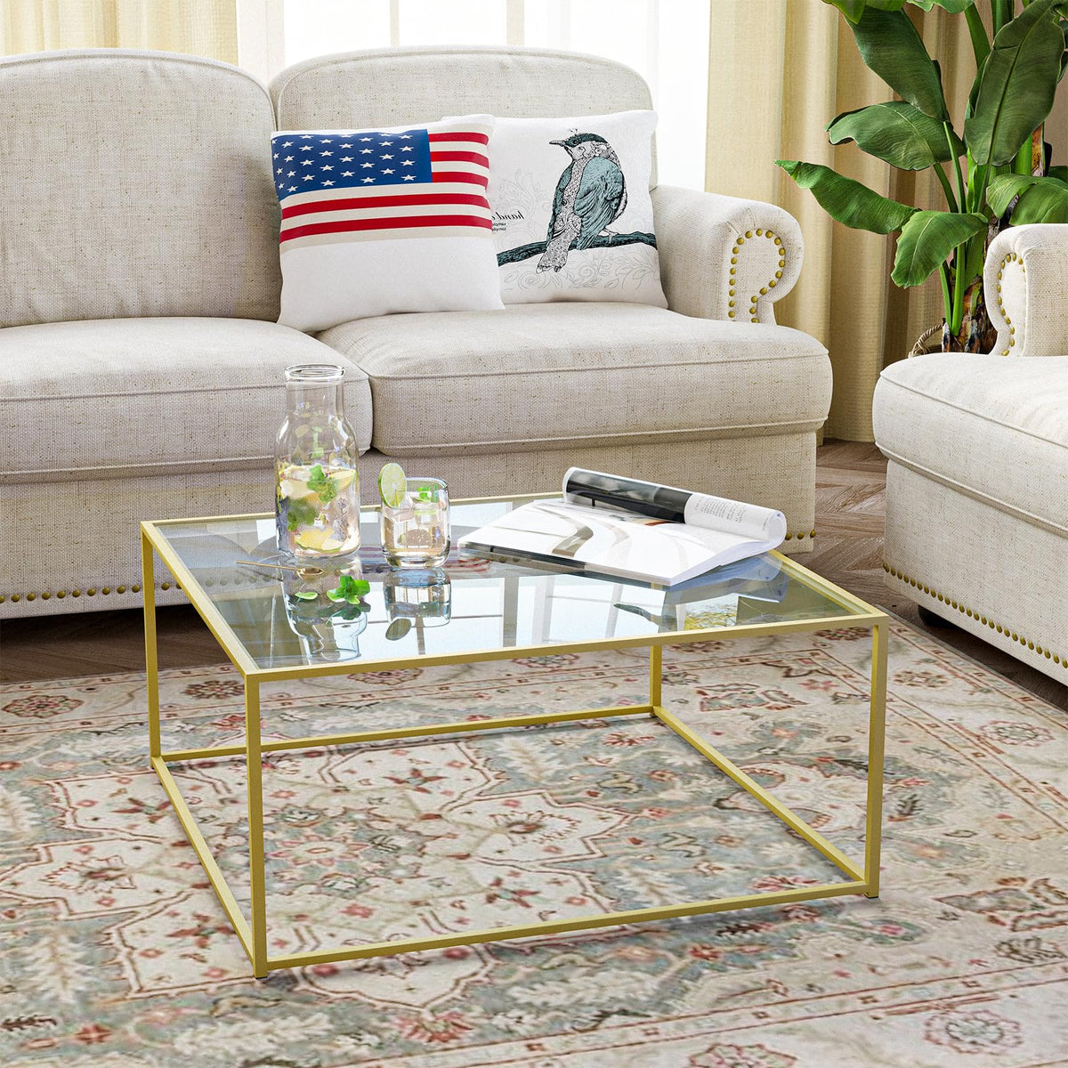 Square Gold Glass Coffee Table