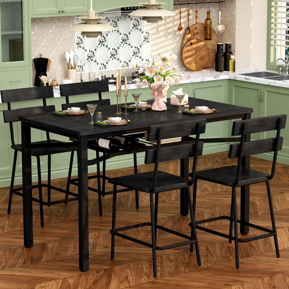 Hooseng 5-Piece Dining Table Set for 4, Counter Height Kitchen Table Chairs Set with Storage, Modern Small Dining Room Set, Space-Saving Dinette Set for Pub, Breakfast Nook, Apartment