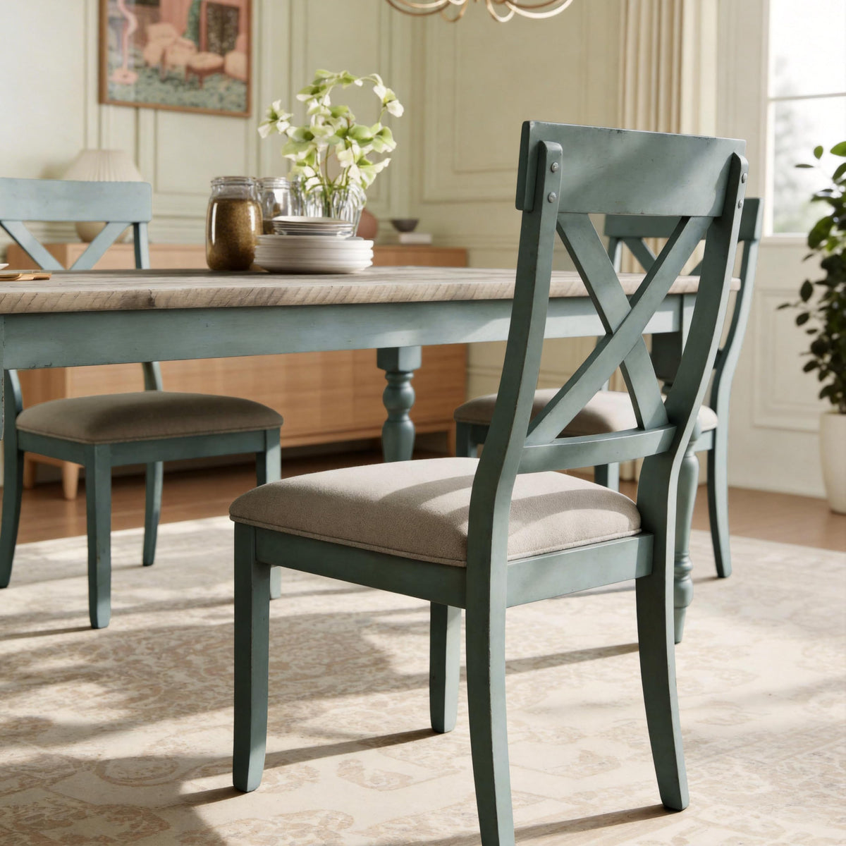 Roundhill Furniture Prato 6-Piece Dining Set, Dining Table with 4 Cross Back Chairs and Bench, Antique Blue and Distressed Walnut Finish
