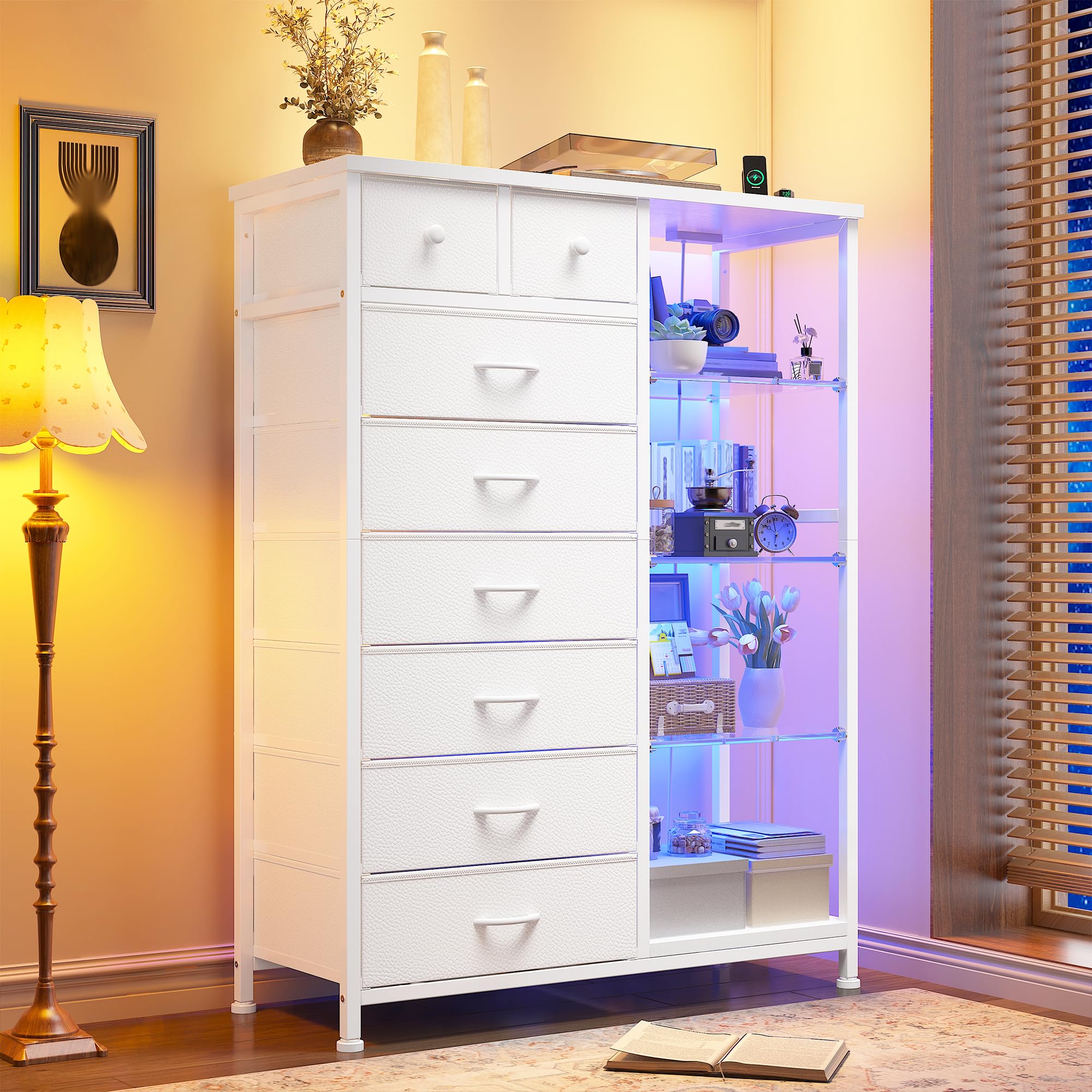 EnHomee 54" H Dresser for Bedroom with LED Lights & Power Outlets Dresser with 8 Drawers Fabric Dressers & Chests of Drawers, Shelves for Bedroom, Sturdy Metal Frame, Acrylic Plates (White)