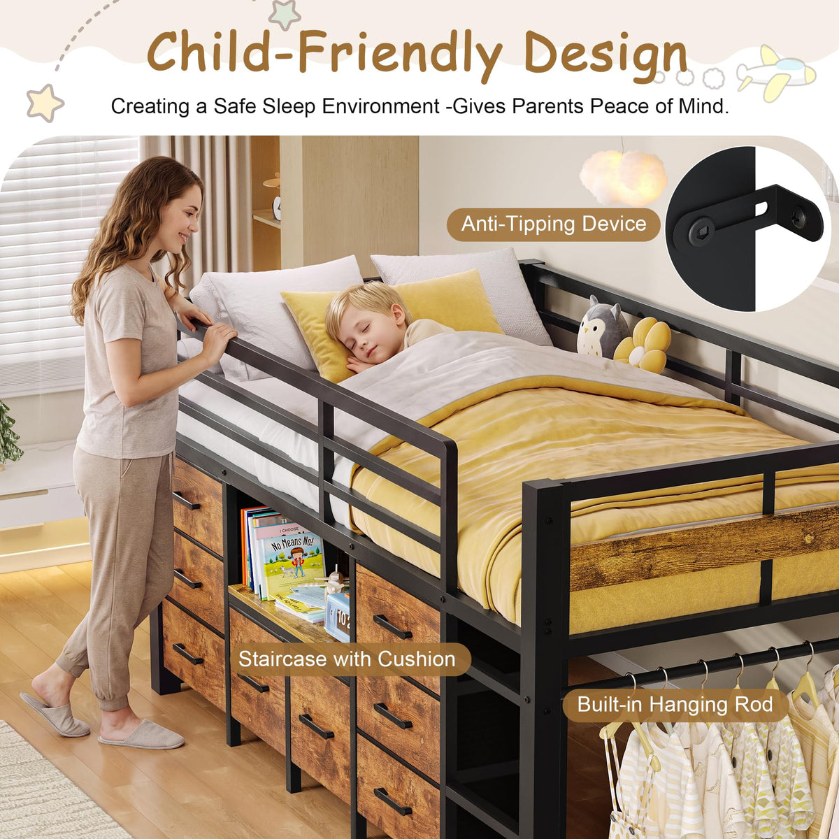 Feonase Low Loft Bed Twin Size with 8 Storage Drawers, Twin Loft Bed with Bookcase, Metal Kids Loft Bed with 13" H Safety Guardrail, Under-Bed Play Space and Play Curtain for Kids, Rustic Brown