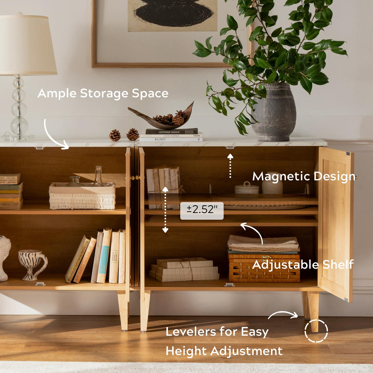 EYYTHUNG Storage Cabinet Set of 2, Sideboard Buffet Modern Accent Cabinets with Faux Marble Top & Adjustable Shelves, Credenza, Console Table Entryway Cabinet for Living Room, Oak