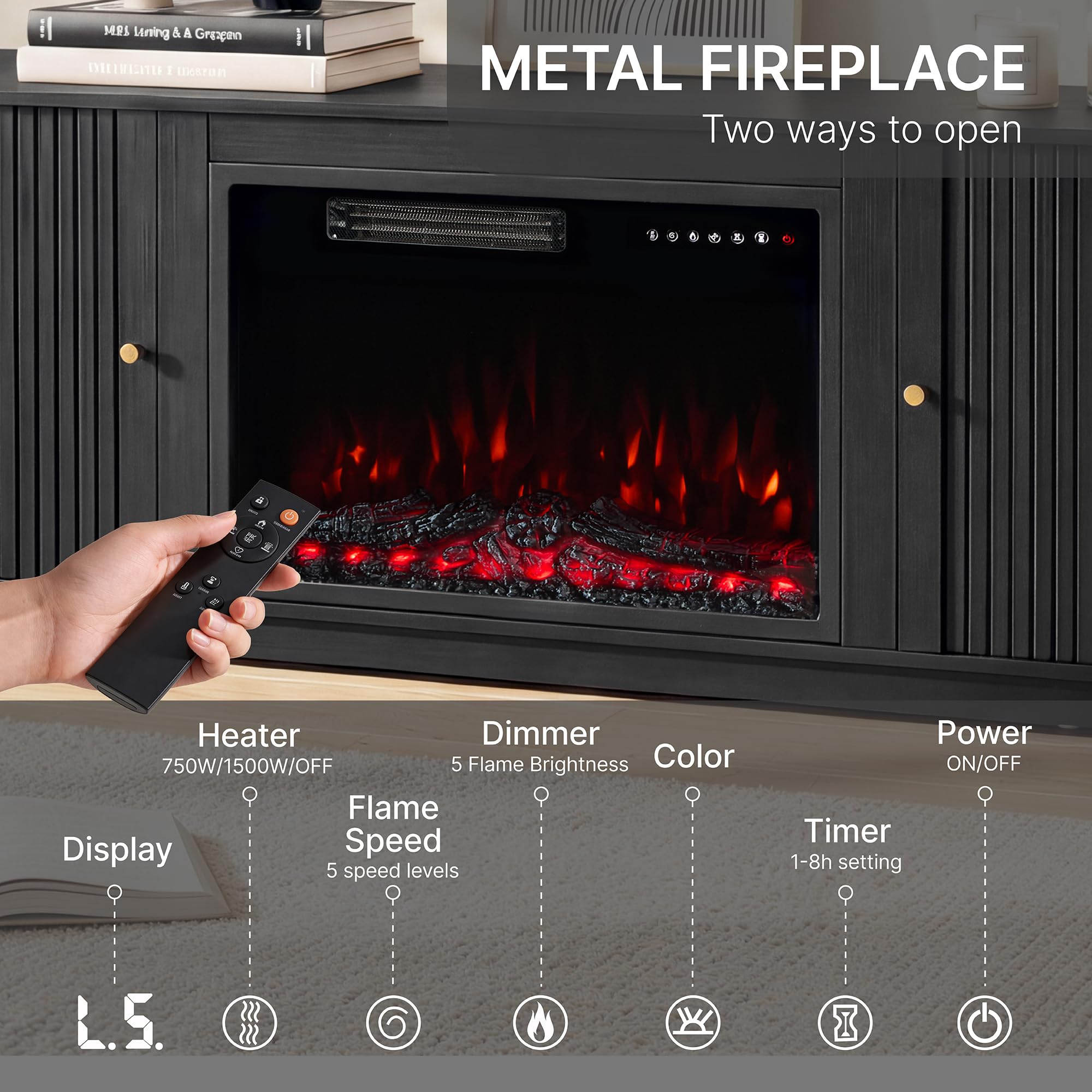 KISLOT 70'' Fluted Fireplace TV Stand for TVs Up to 80",Sliding Tambour Doors,Modern Entertainment Center with 23" Electric Fireplace, Power Outlet & Cable Management, Media Console for Living Room