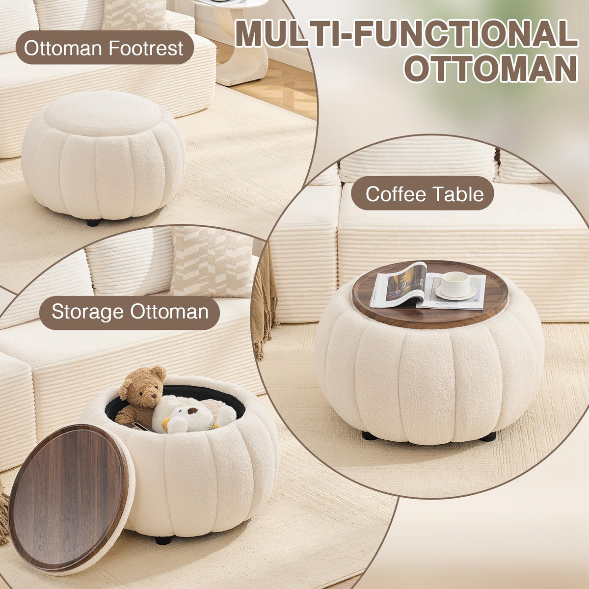 Beige Round Storage Ottoman