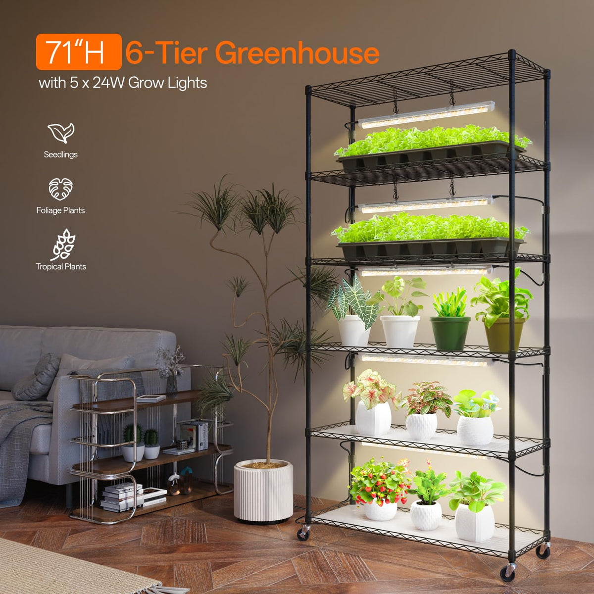 Bstrip 6-Tier Plant Shelf with Grow Light, 29.5x13.8x71in