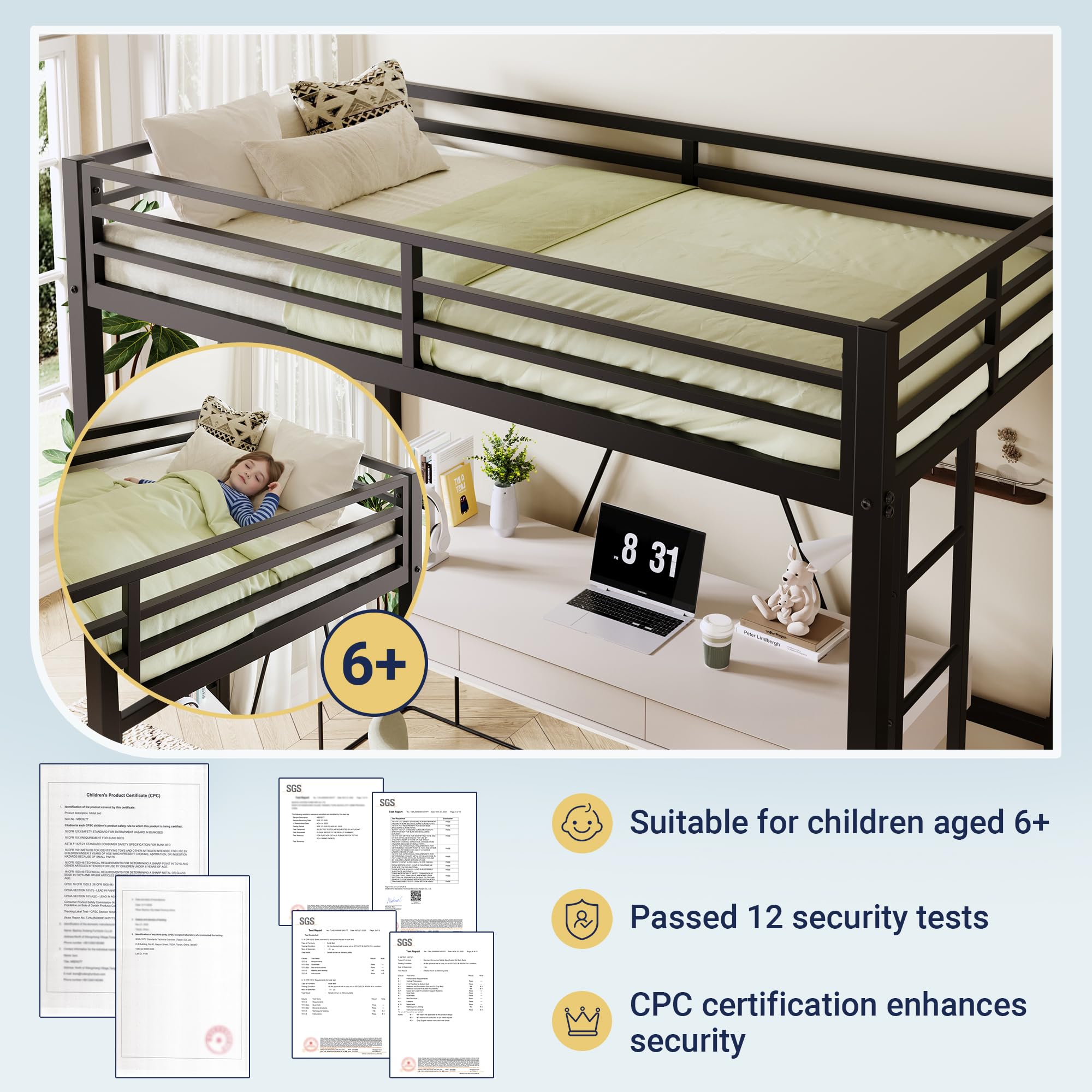 Twin Metal Loft Bed with Guardrail
