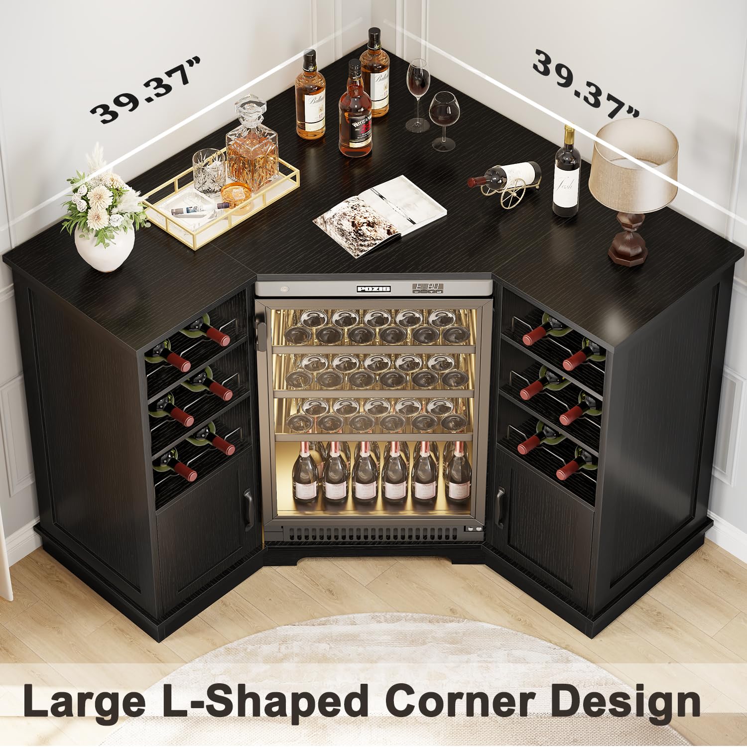 HSH Corner Bar Cabinet with Mini Fridge Space, Modern Wood Bar Cabinet with Wine Racks & Storage Doors, Large Liquor & Wine Cabinet for Kitchen Living Room Home Bar, Black Oak, 40 Inch