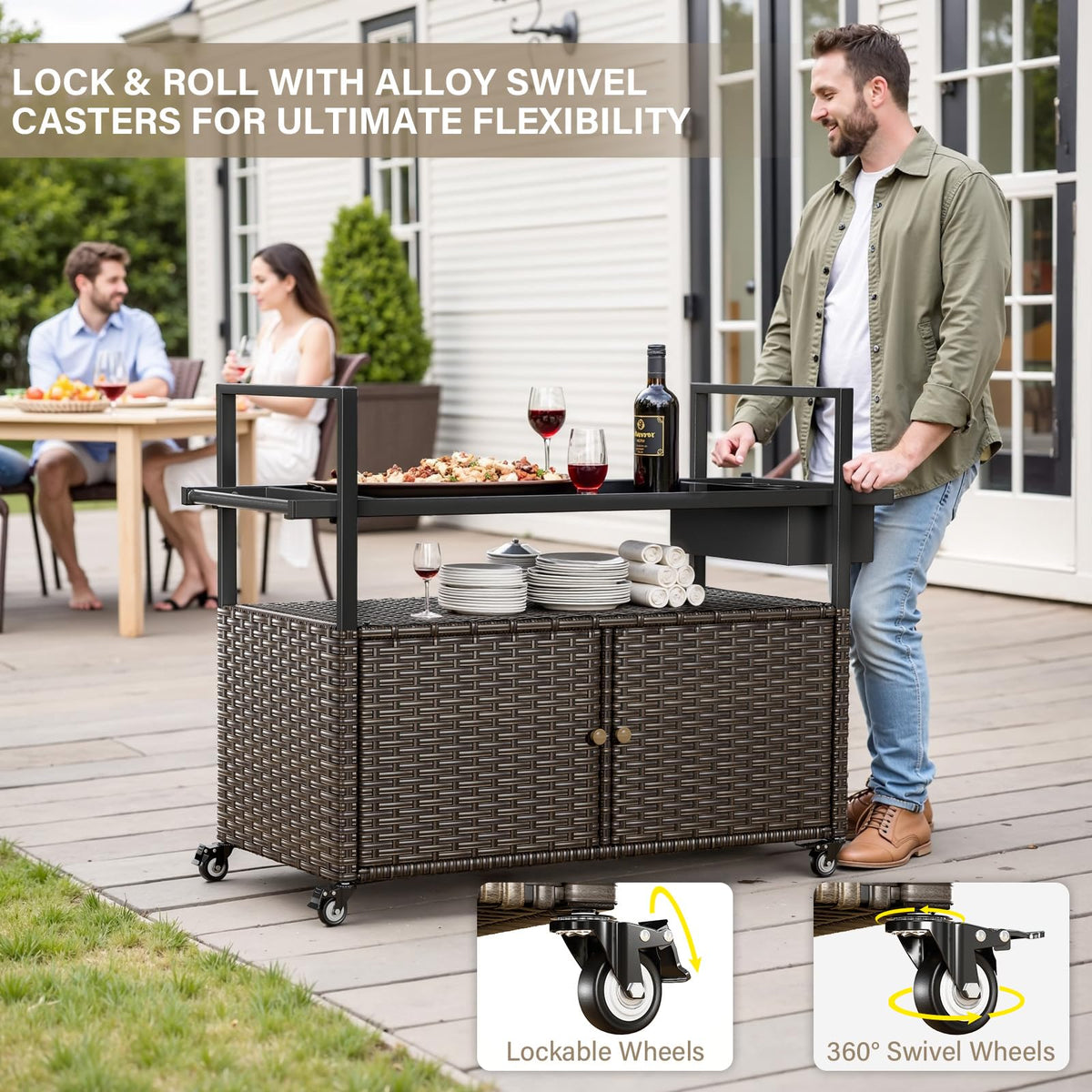 Belord Wicker Outdoor Bar Cart with Storage Cabinet and Four Rolling Wheels Patio Bar Table, Outdoor Buffet Cabinet Movable with Removable Side Basket for Deck Poolside Backyard Brown