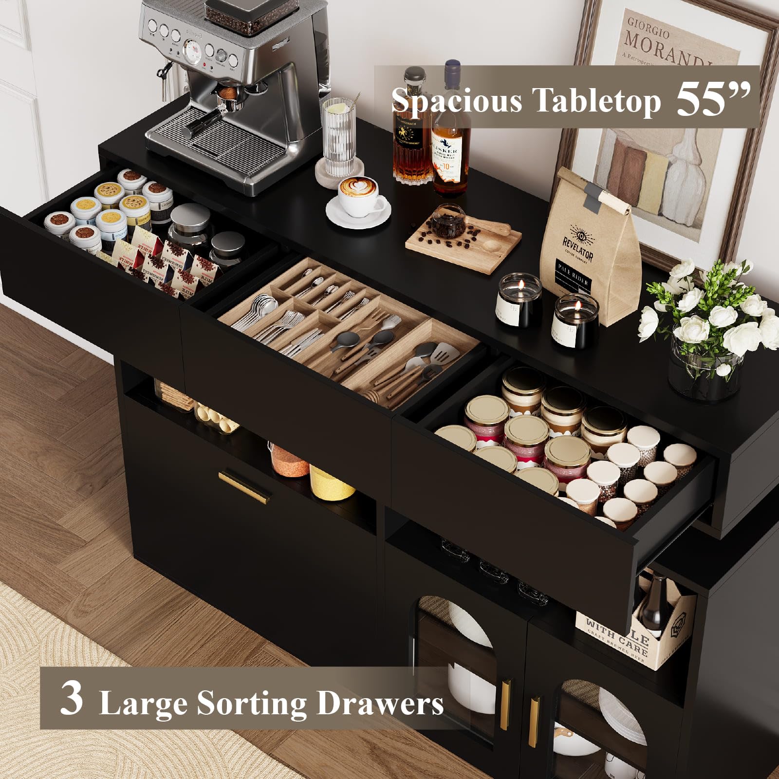 Coffee Bar Cabinet,Kitchen Storage Cabinet with 3 Drawers,Sideboard Buffet Cabinets with Ajustable Shelf,Wood Coffee Bar Table for Dinning Room/Living Room/Kitchen 55.04"L*15.61"W*41.93"H Black