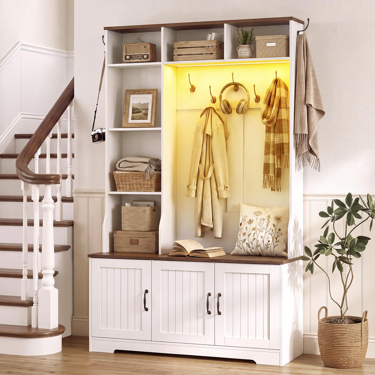 White LED Hall Tree with Shoe Storage