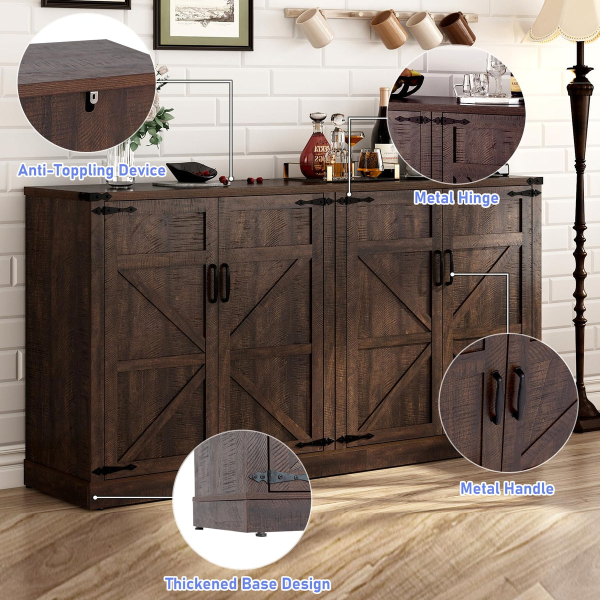 65 Inch Sideboard Buffet Cabinet with Storage, Farmhouse Kitchen Pantries Sideboard Cabinets with Adjustable Shelves, Wooden Coffee Bar Cabinet Buffet Table for Kitchen, Dining Room, Brown