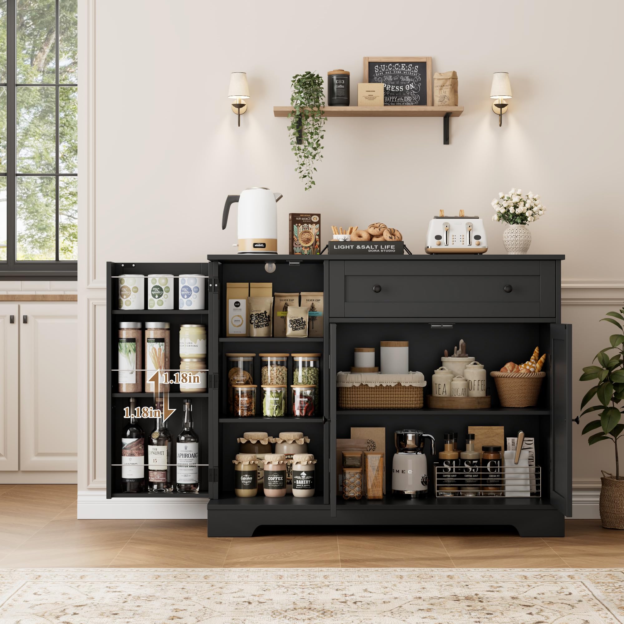 HOSTACK Buffet Cabinet with Storage, Modern Sideboard Buffet with Doors, Wood Coffee Bar Kitchen Storage Cabinet with Drawer and Adjustable Shelf for Kitchen, Dining Room, Living Room, Black