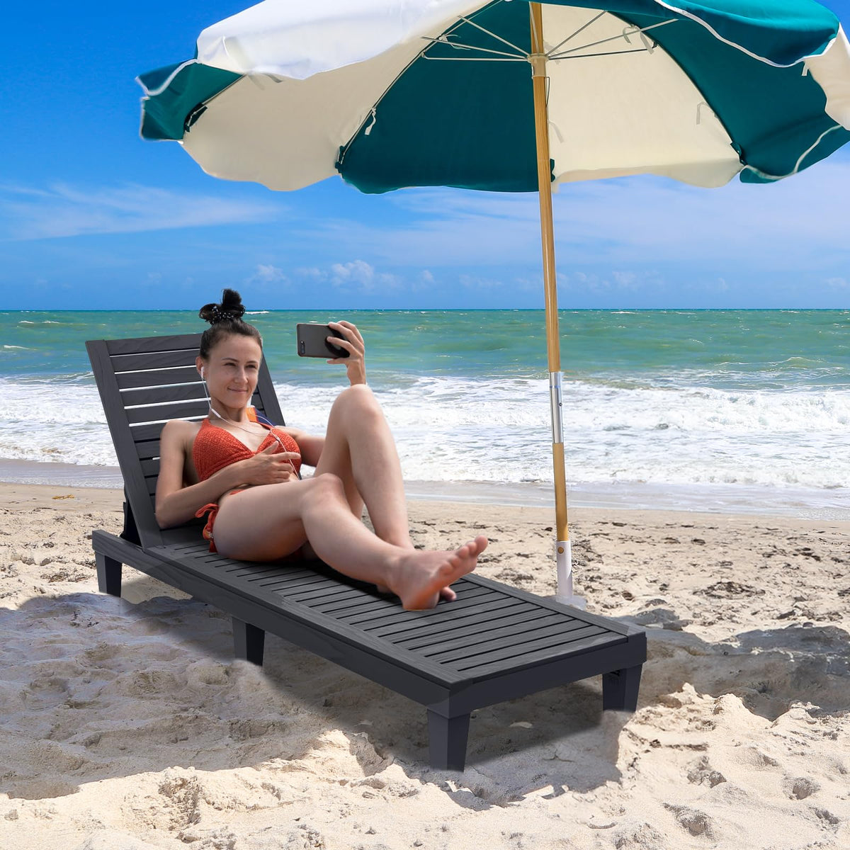EasyUp Chaise Lounge Chair Outdoor, Resin Lounge Chair with 5-Position Backrest, UV - Resistant, Waterproof for Pool, Beach & Patio (2, Black)