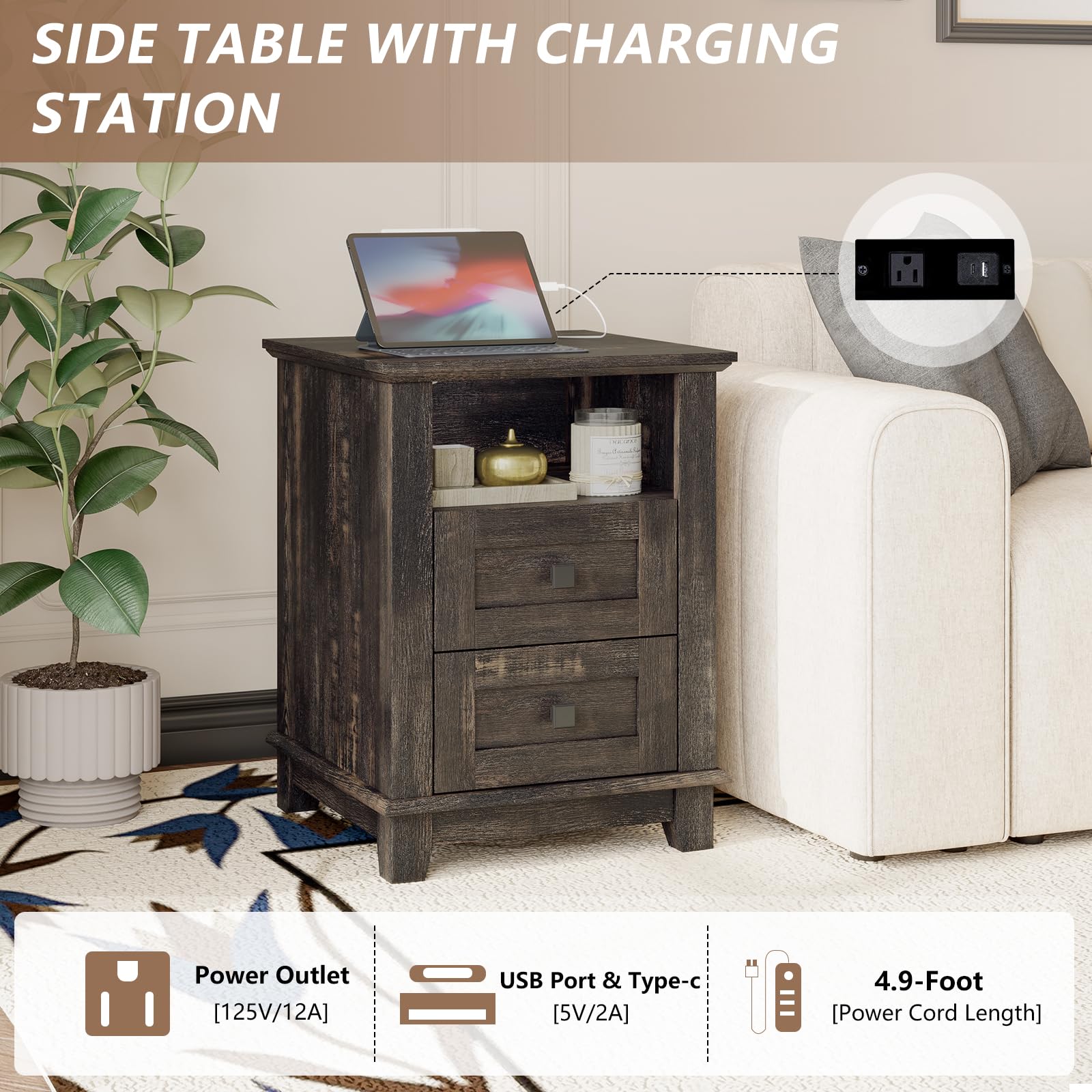 LUXOAK 4 Pieces Farmhouse Living Room Table Sets - Includes 59" Sliding Barn Door TV Stand for 65 in TV, Rustic Coffee Table with Storage, End Tables Set of 2 with Charging Station, Dark Rustic Oak