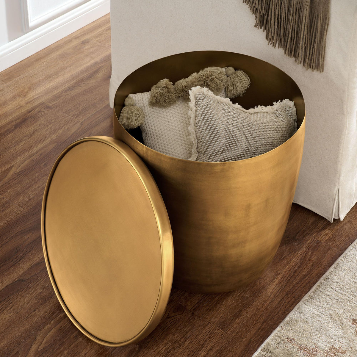Brass-Finish Drum Storage Side Table