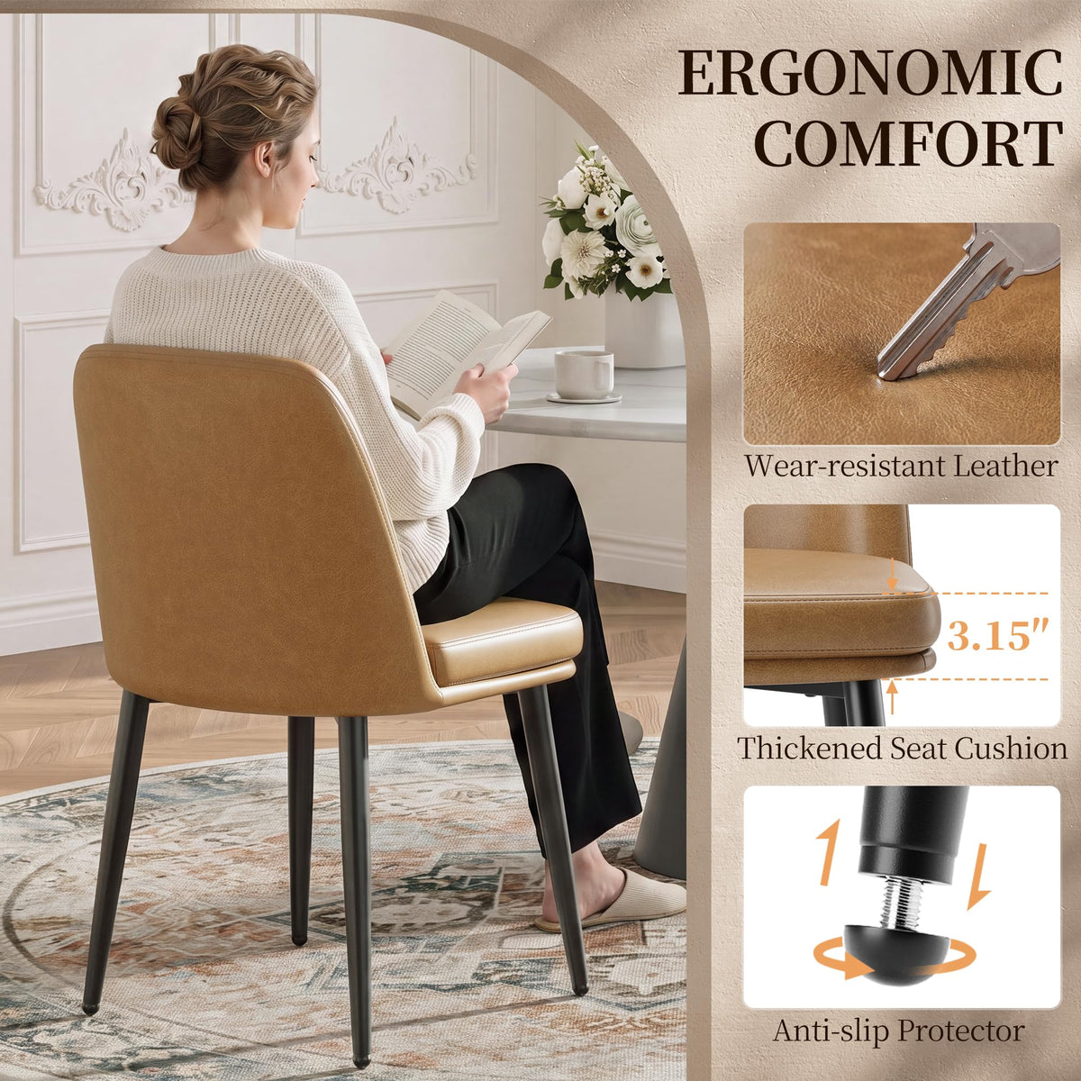MALOL Leather Dining Chairs Set of 4 with Curved Backrest, Brown