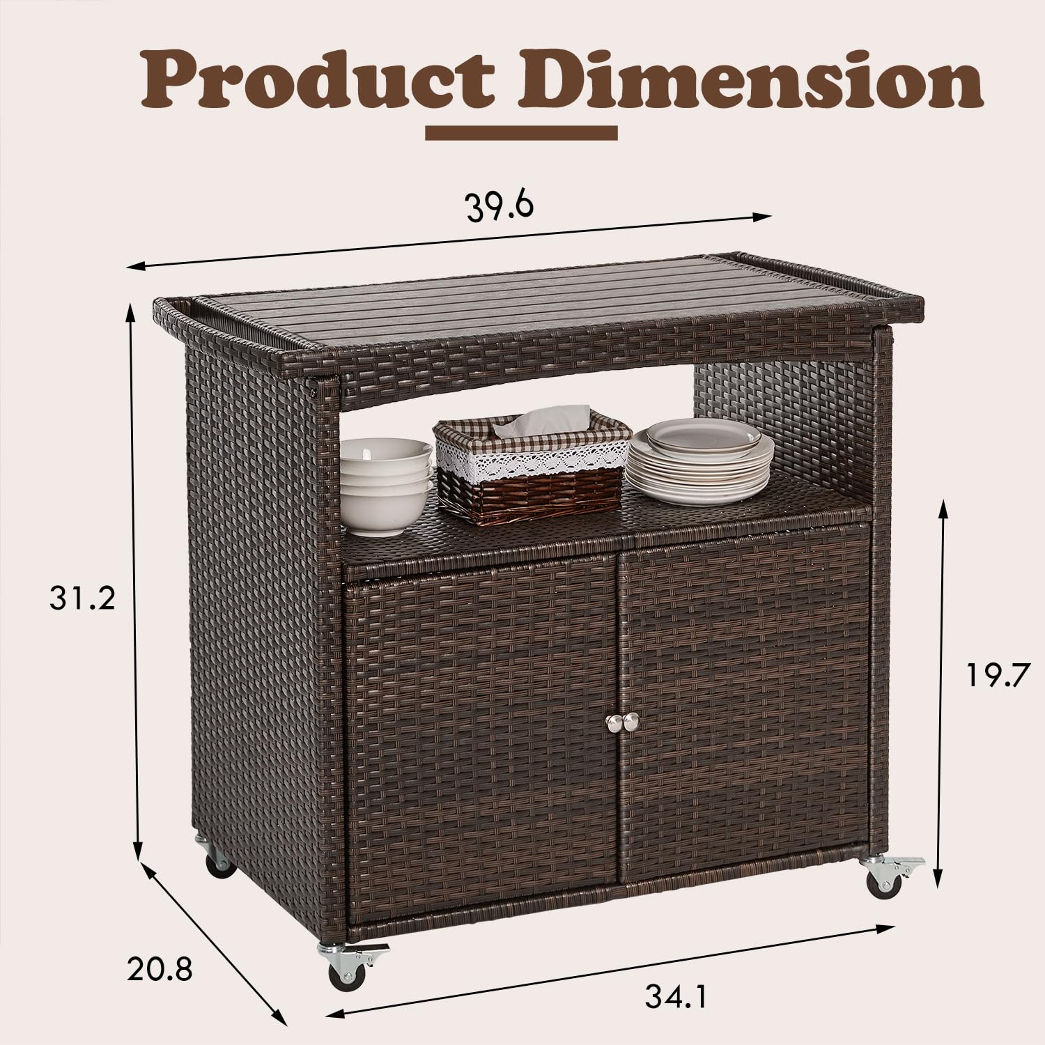 Outdoor Storage Cabinet,Outdoor Cabinet for Patio Outdoor Bar Cart with Rolling Heels Patio Bar Table with Storage Wicker Buffet Cabinet Prep Table Kitchen Serving Cart with Door,Shelves,Handle Brown