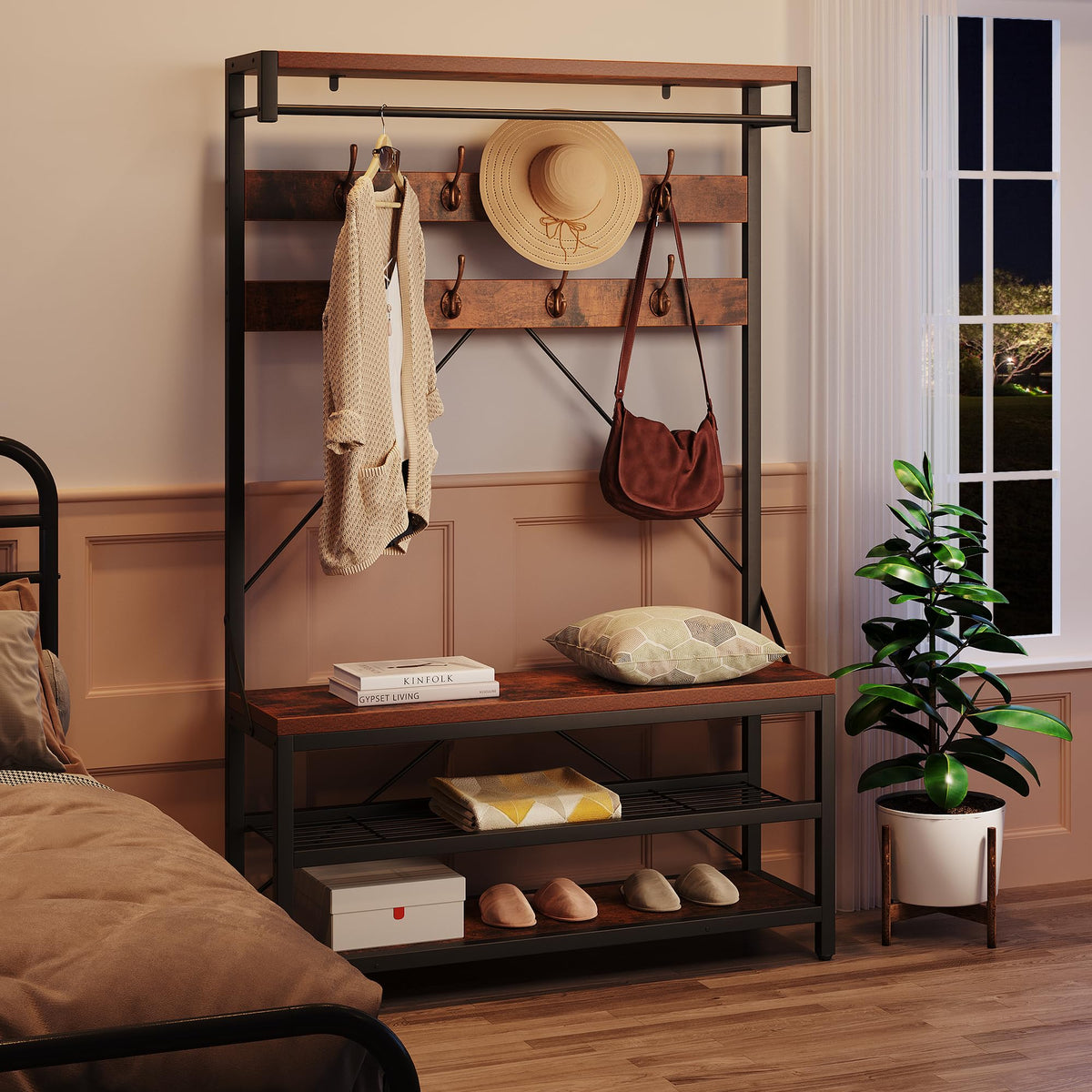 Hall Tree with Shoe Storage Bench, 100cm Entryway Coat Rack, Metal Frame Hallway Bench with Clothes Organizer, Multifunctional Shoe Rack Bench for Hallway, Sturdy Particleboard Seating for Entryway