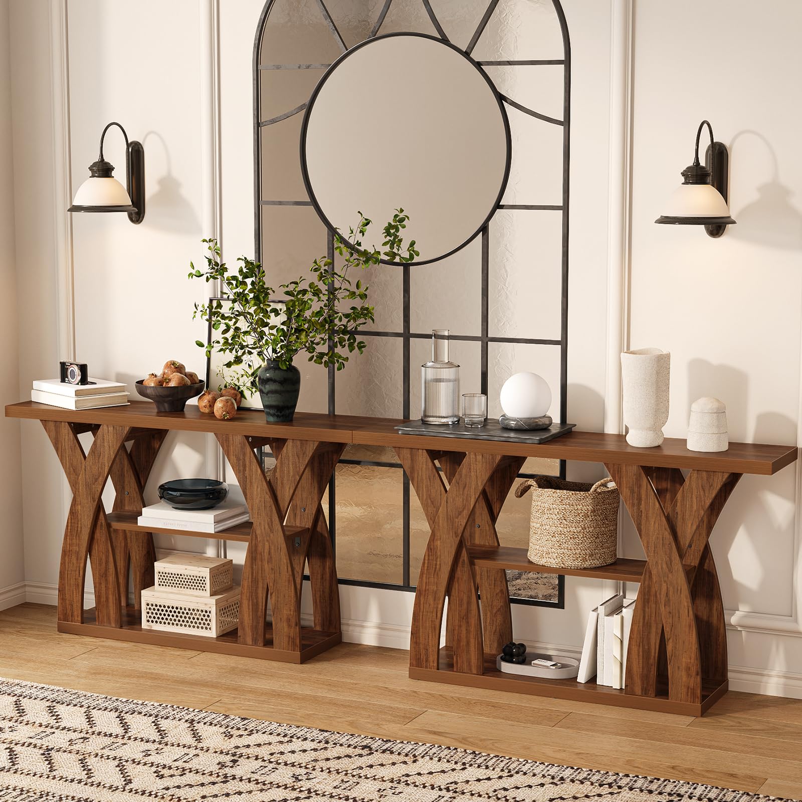 Tarnorci 55 inch Farmhouse Entryway Table, Console Table with 3-Tier Storage, Rustic Striped Brown X-Shaped Narrow Entry Table for Behind Couch, Living Room, Hallway, Foyer