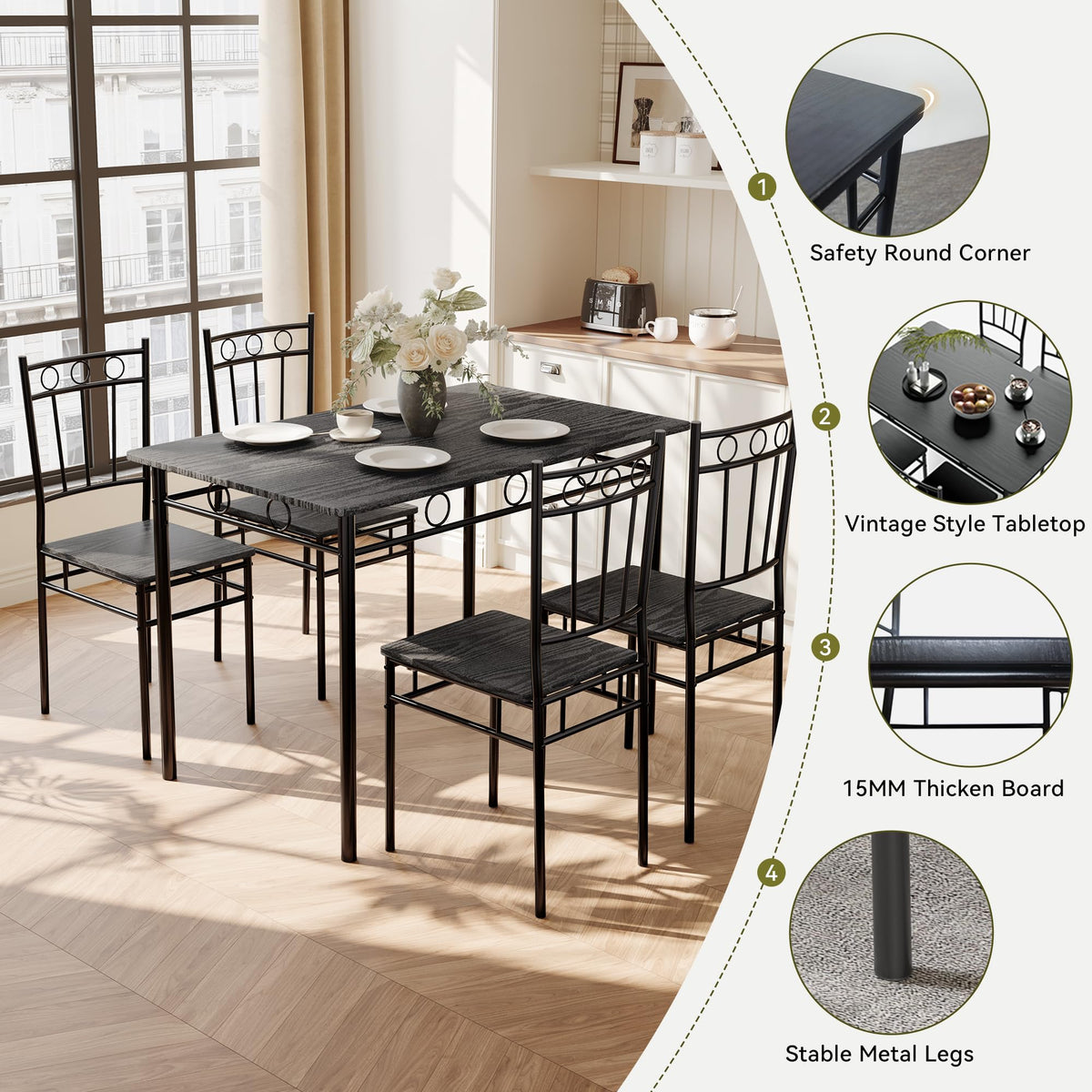 AMICLIBER 5 Piece Dining Table Set, Wood Kitchen Table and Chairs for Small Space,Breakfast Nook,Easy Assembly,Black