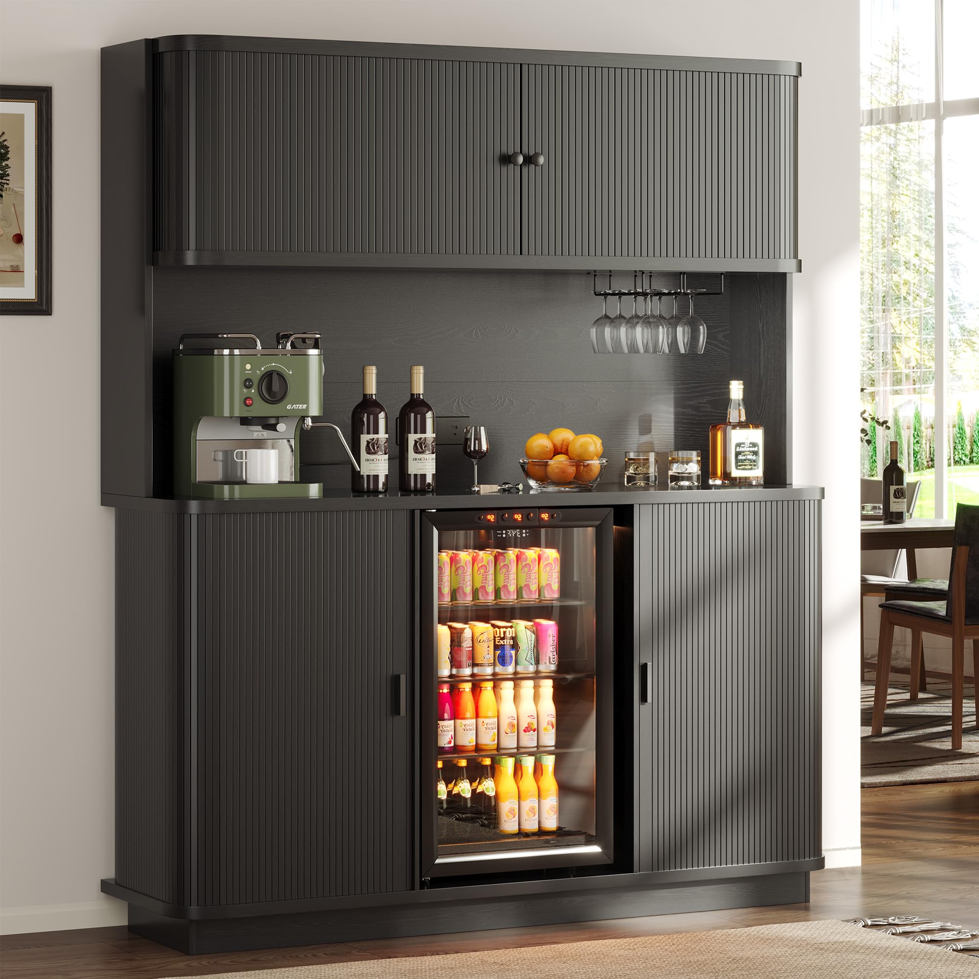 Godchoices 70.8" Kitchen Pantry with Fridge Space, Fluted Coffee Bar Cabinet with Mini Fridge Space, Power Outlet & Drawer, Tall Wine Bar Cabinet with Glass Holder,Wine Rack & Storage Hutch for Home