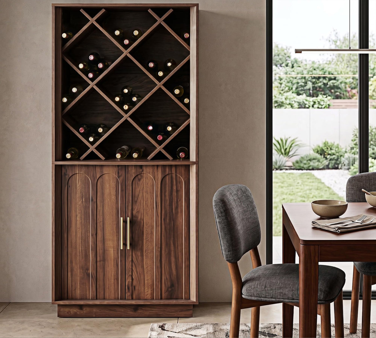 FORTUNETEC 70.87" Tall Liquor Cabinet, Diamond Wine Rack, Walnut