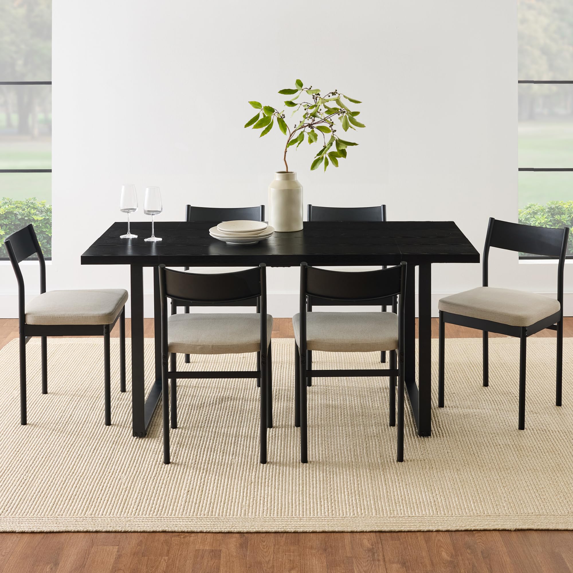 Best Choice Products 7-Piece Modern Dining Room Set, Kitchen Table Set, Dining Table w/ 6 Chairs, Upholstered Cushions, Solid Metal Frame, Curved Backrest - Black/Ivory