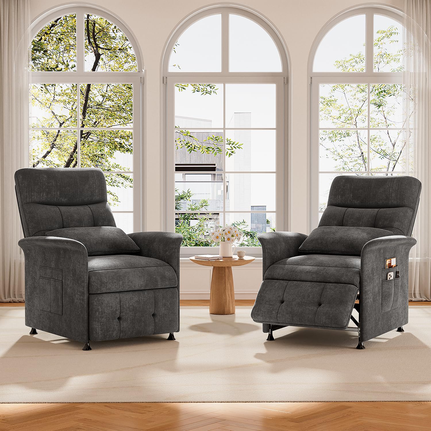 LegacyAmerhome Power Recliner Chair for Adults with Heat & Massage - Soft Fabric Electric Reclining Sofa with Remote Control, 180° Lay Sleeper 3 Side Pockets for Living Room Home Theater, Dark Grey
