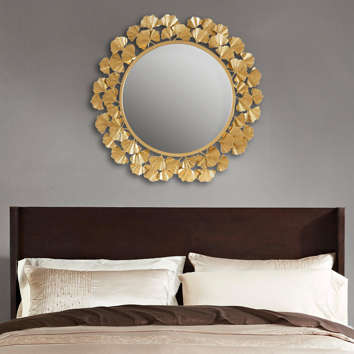 Gold Ginkgo Leaf Round Wall Mirror