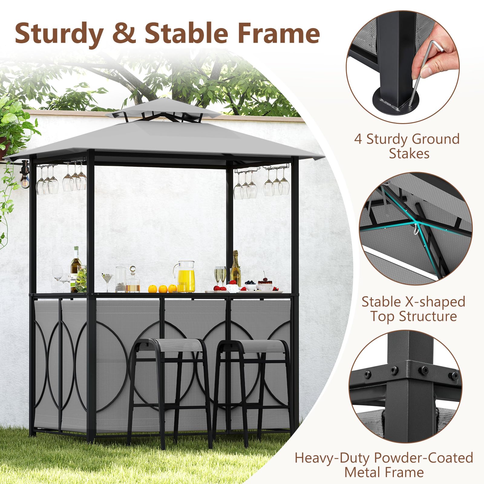 Tangkula 3-Piece Patio Bar Set, Grill Gazebo & 2 Bar Stools with Tempered Glass Bar Table, Metal Storage Shelves, Glass Holders, Double-Tier Soft Top Canopy BBQ Gazebo Shelter for Patio Garden (Grey)