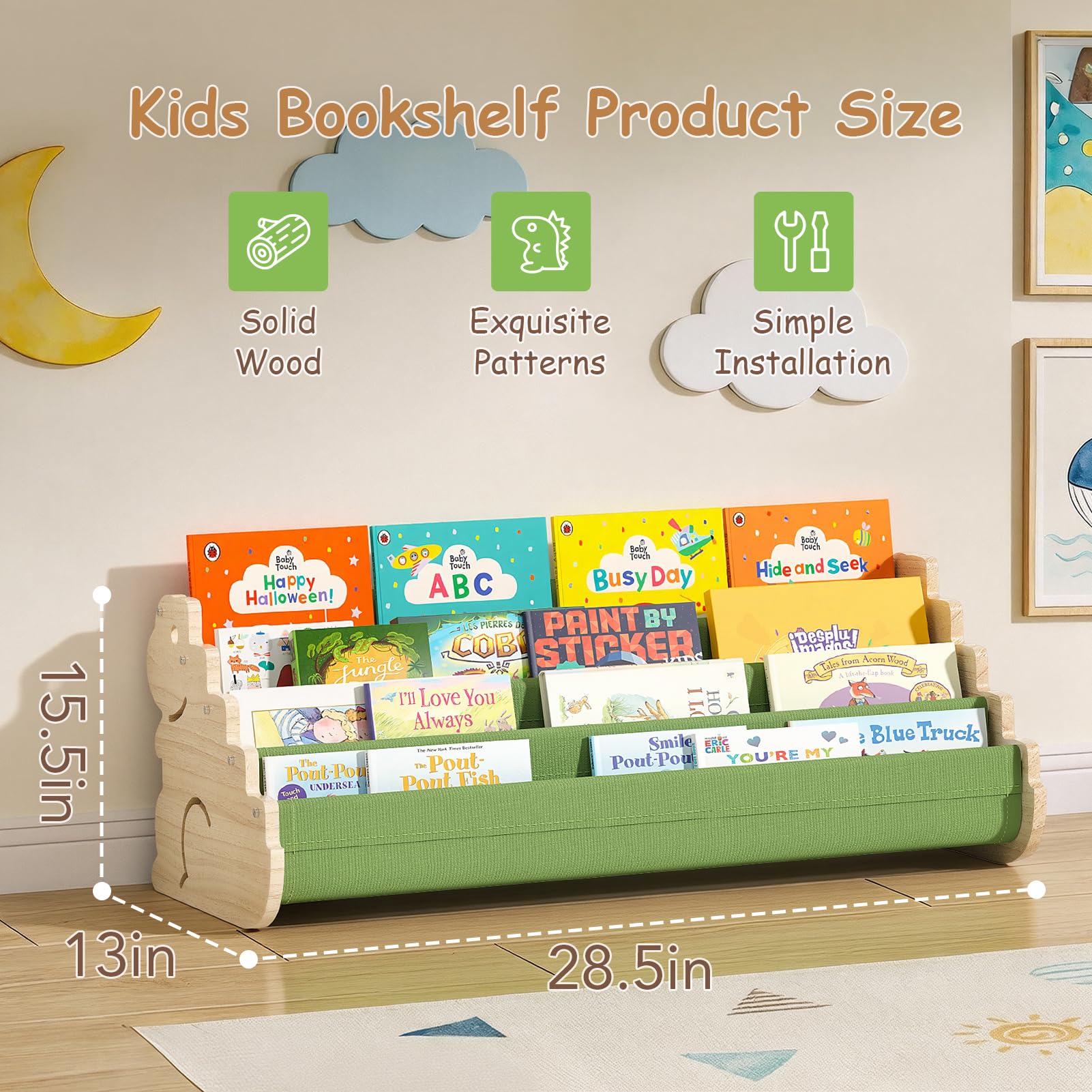 LAMU Kids Bookshelf, 4 Tier Solid Pine Wood Toddler Bookshelf, Book Shelf for Kids Rooms, Portable Montessori Bookcase, Childrens Book Storage Display for Baby's Bedroom Nursery Playroom (Dinosaur)