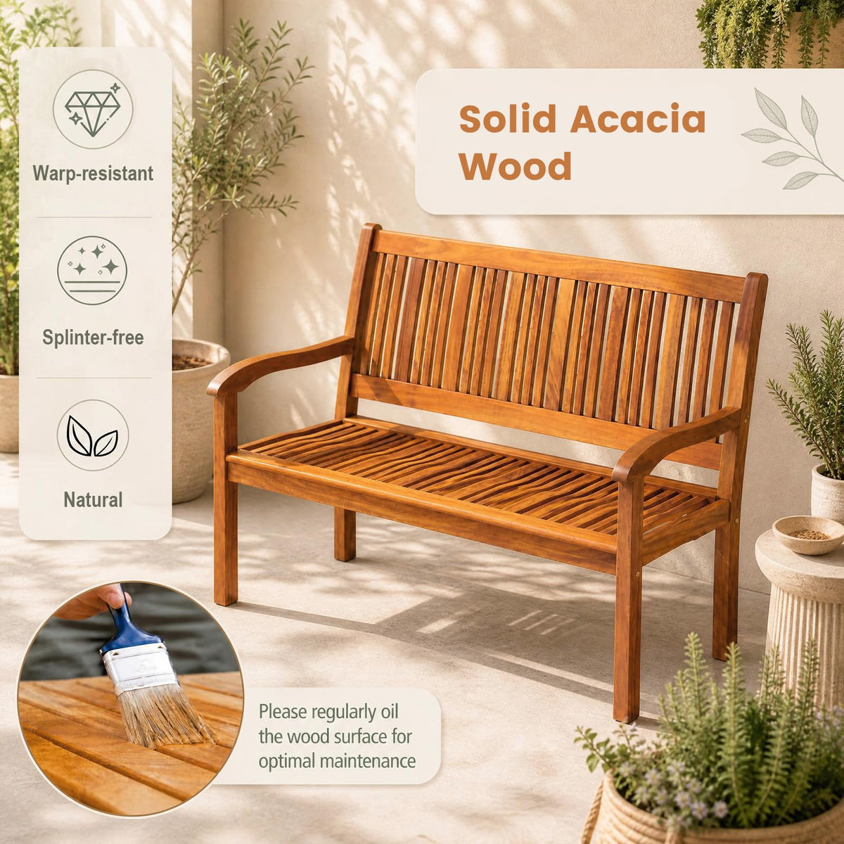 COSTWAY Wooden Bench Outdoor, Curved Armrest & Backrest, Teak Colored