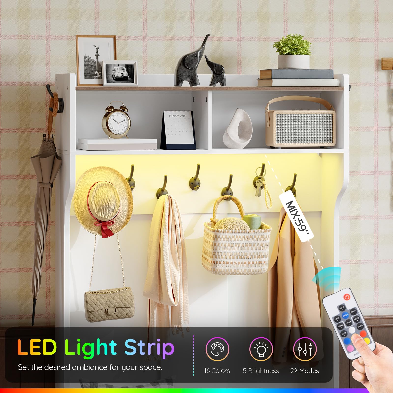 4-in-1 Hall Tree with Bench, Shoe Cabinet, 9 Hooks & LED Light Strip