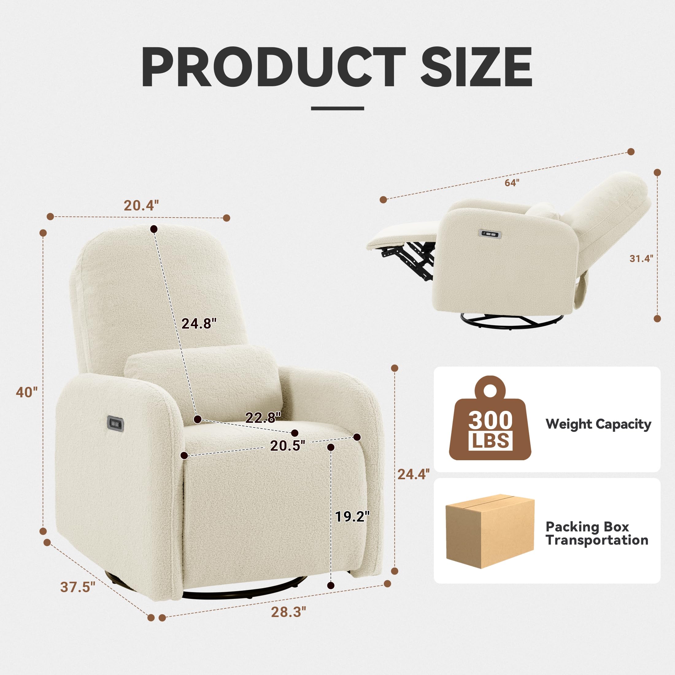 Culect 270 Swivel Rocker Recliner Chair, Ladies Electric Power Recliner for Small Spaces, Nursery and Apartment, Beige Plush