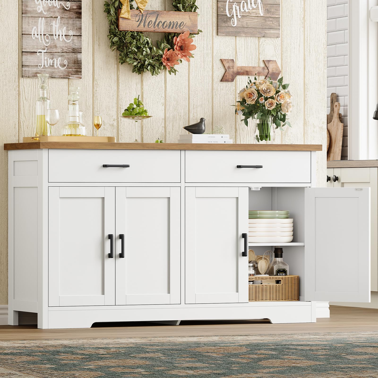 SLINEMO Buffet Cabinet with Storage and 2 Drawers, Large Sideboard Buffet Cabinet with Adjustable Shelves and Doors, Modern Coffee Bar Cabinet, White