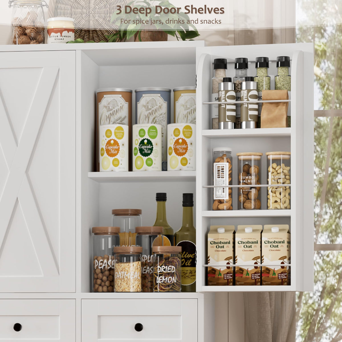 HOSTACK 67"H Farmhouse Kitchen Pantry Storage Cabinet with 3 Drawers, White