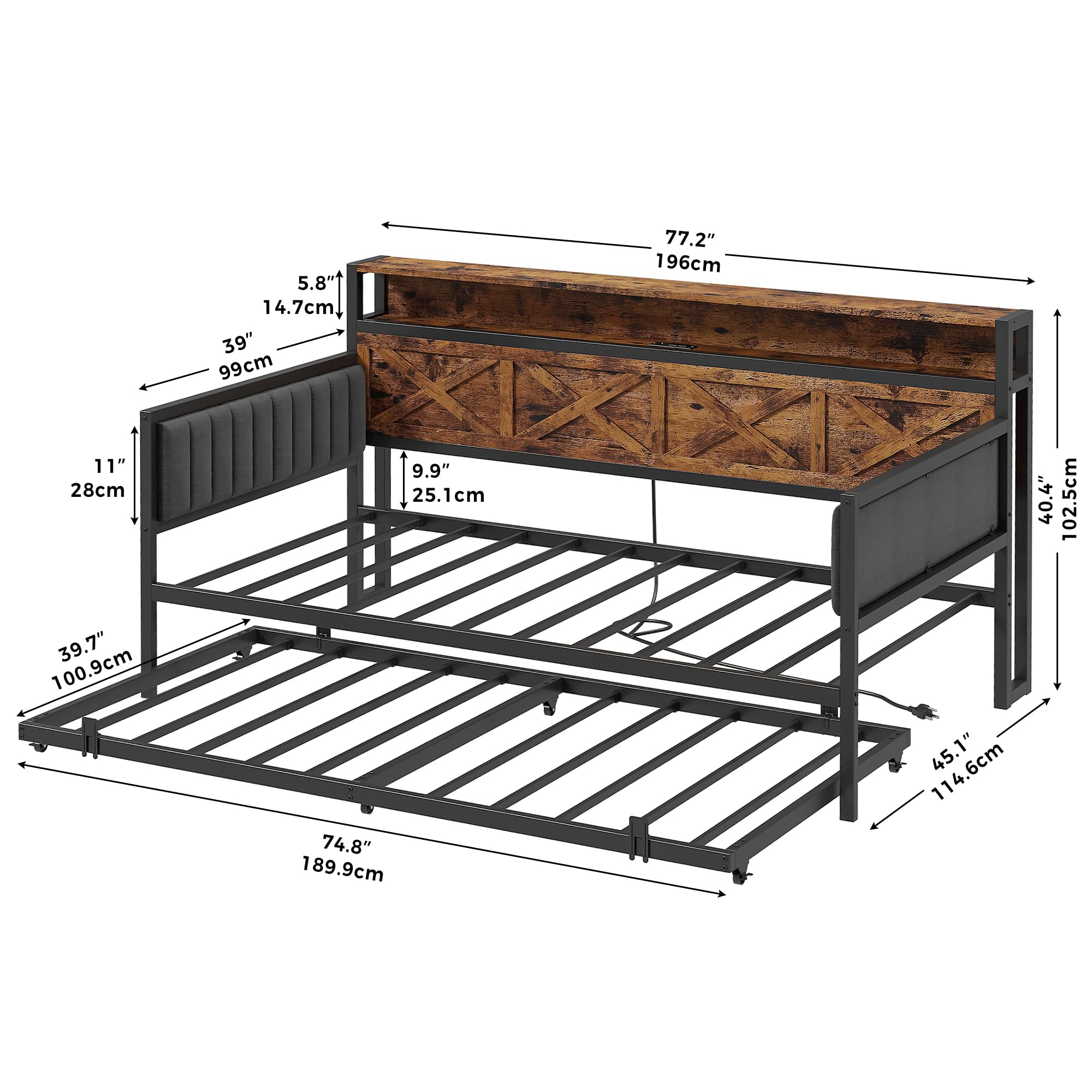 IRONCK Daybed with Trundle, Sturdy Metal Twin Bed Frame with X-Shaped Frame, Upholstered Farmhouse Daybed with Charging Station for Living Room, Bedroom, and Guest Room, Vintage Brown