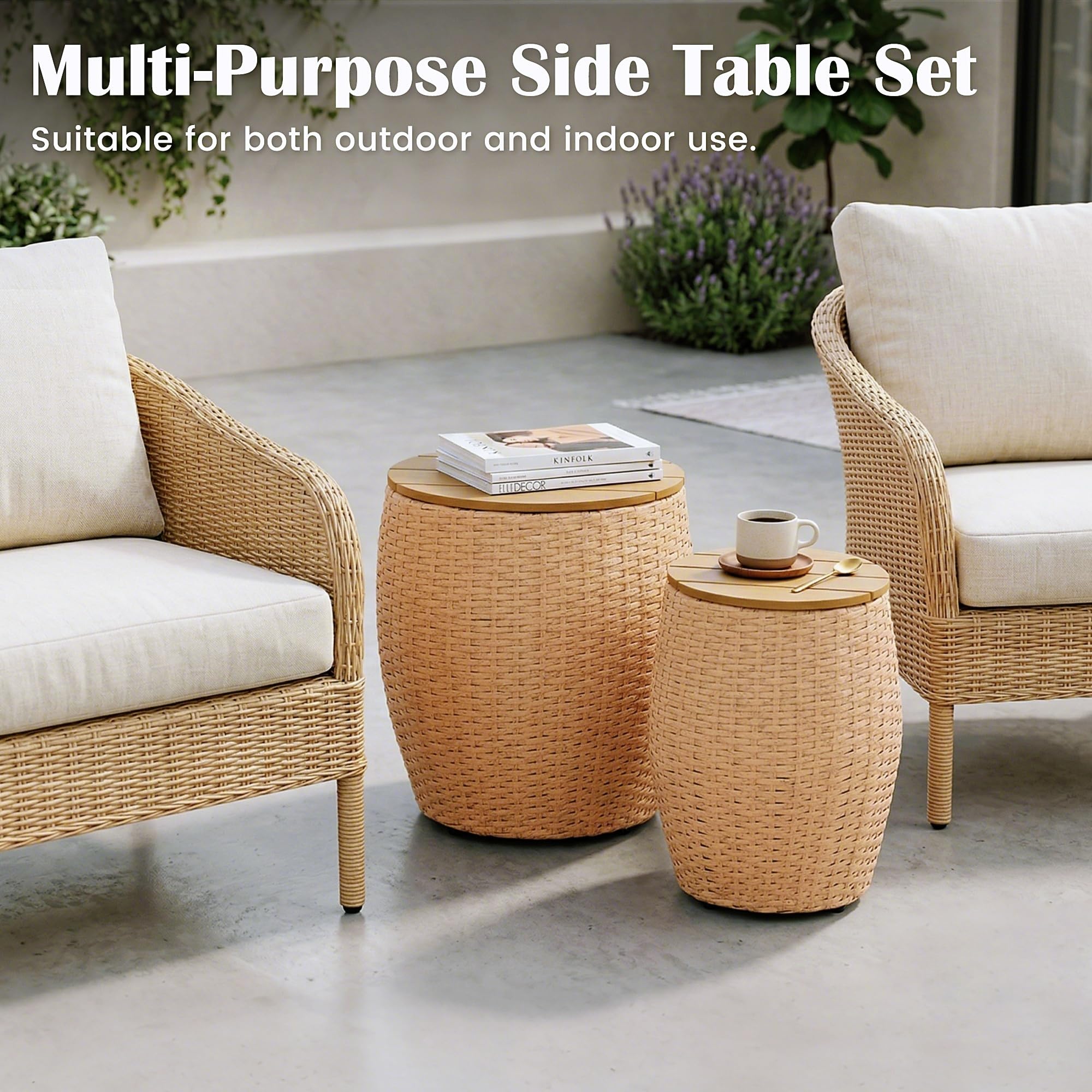 Round Wicker Barrel Side Tables with Storage – Set of 2