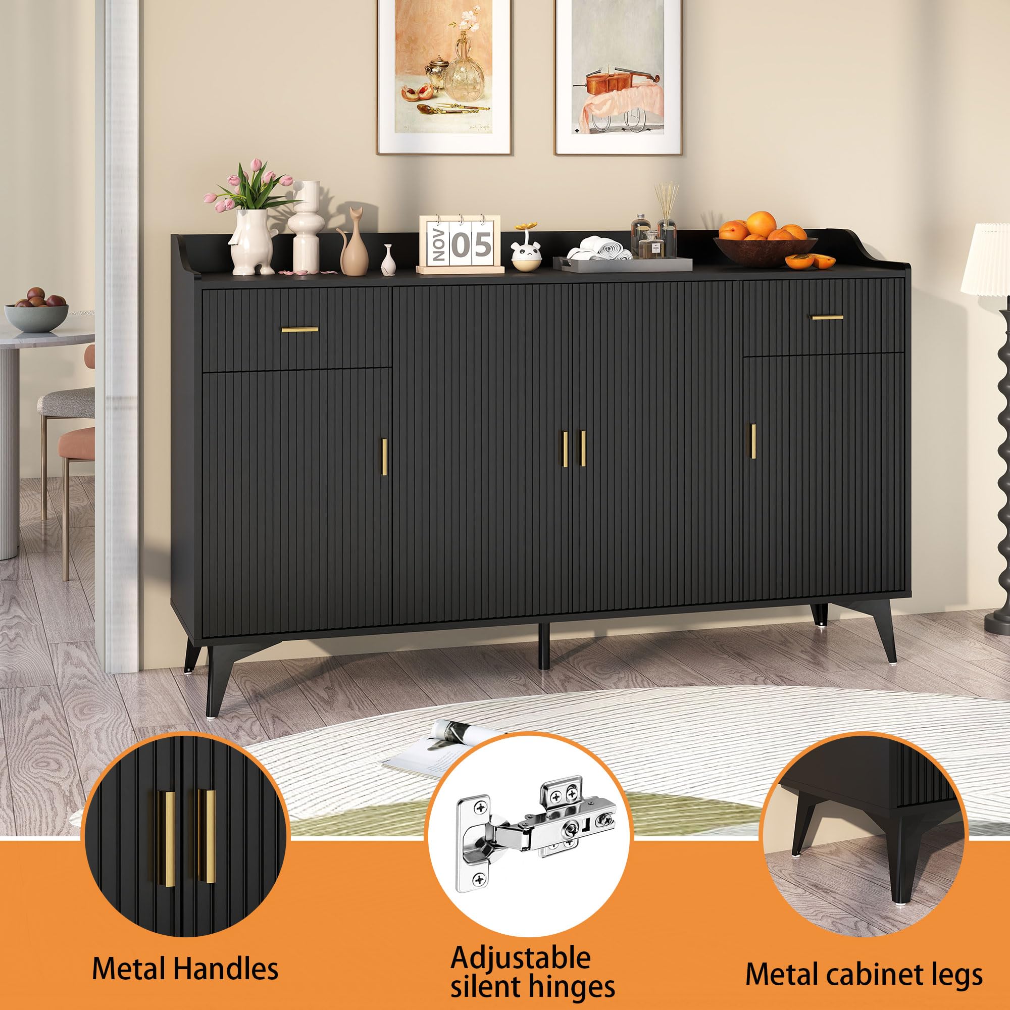 Black Fluted Sideboard Buffet Cabinet with Storage