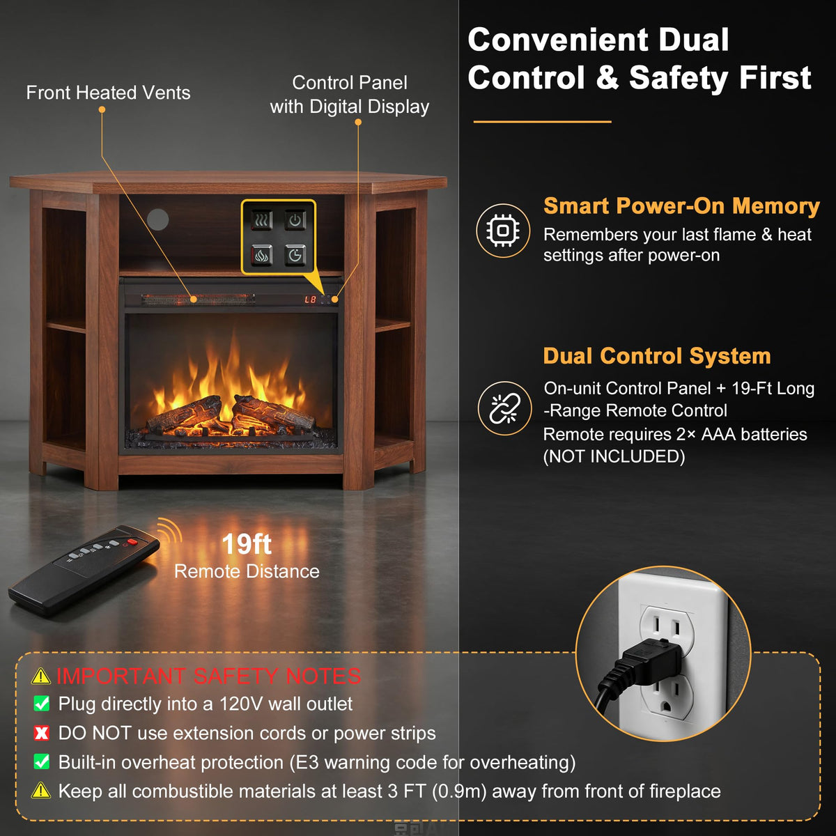 Corner Fireplace TV Stand, TVs up to 50", 44" Electric Fireplace (Walnut)