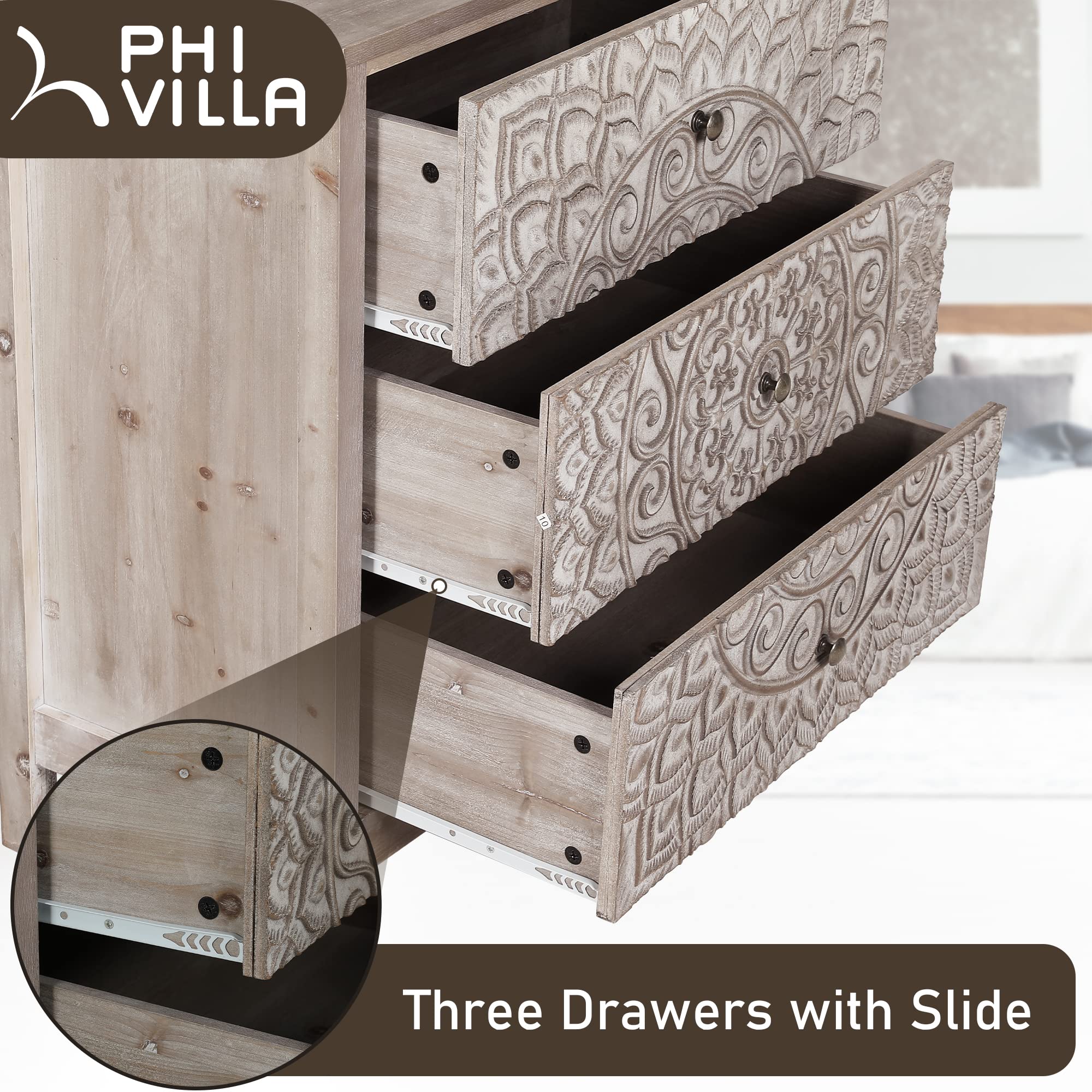 PHI VILLA Accent Cabinet with Drawers - Chest of Drawers Farmhouse Rustic Cabinet with 3 Drawers Entryway Storage Chest