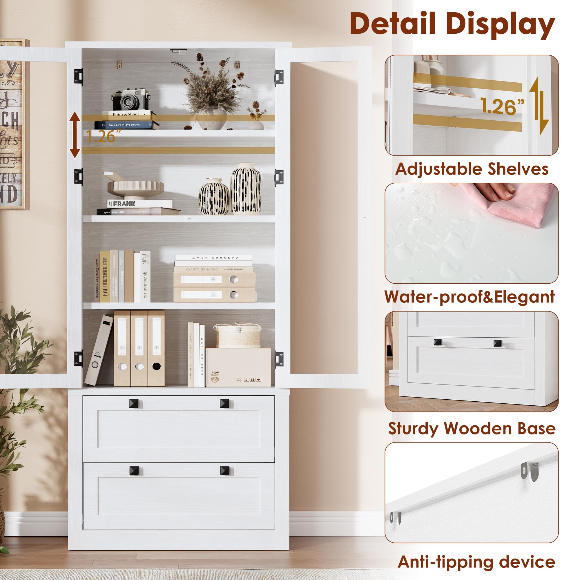 71" Tall Kitchen Pantry Cabinet - Modern Display Storage Cabinet with 2 Large Drawers, Glass Doors, and Adjustable Shelves, Farmhouse Kitchen Cupboard for Dining Room, Bathroom, Living Room, White