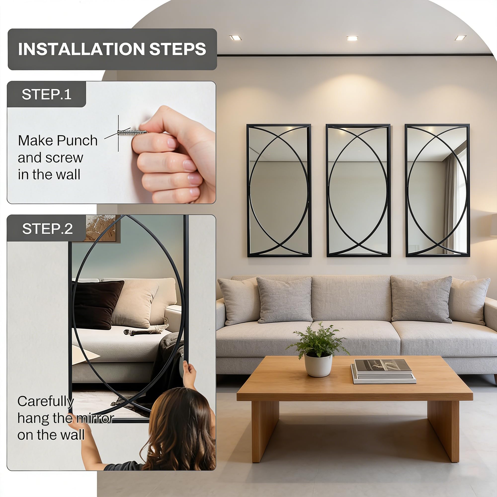 3-Piece Rectangular Black Wall Mirror Set with Metal Frame