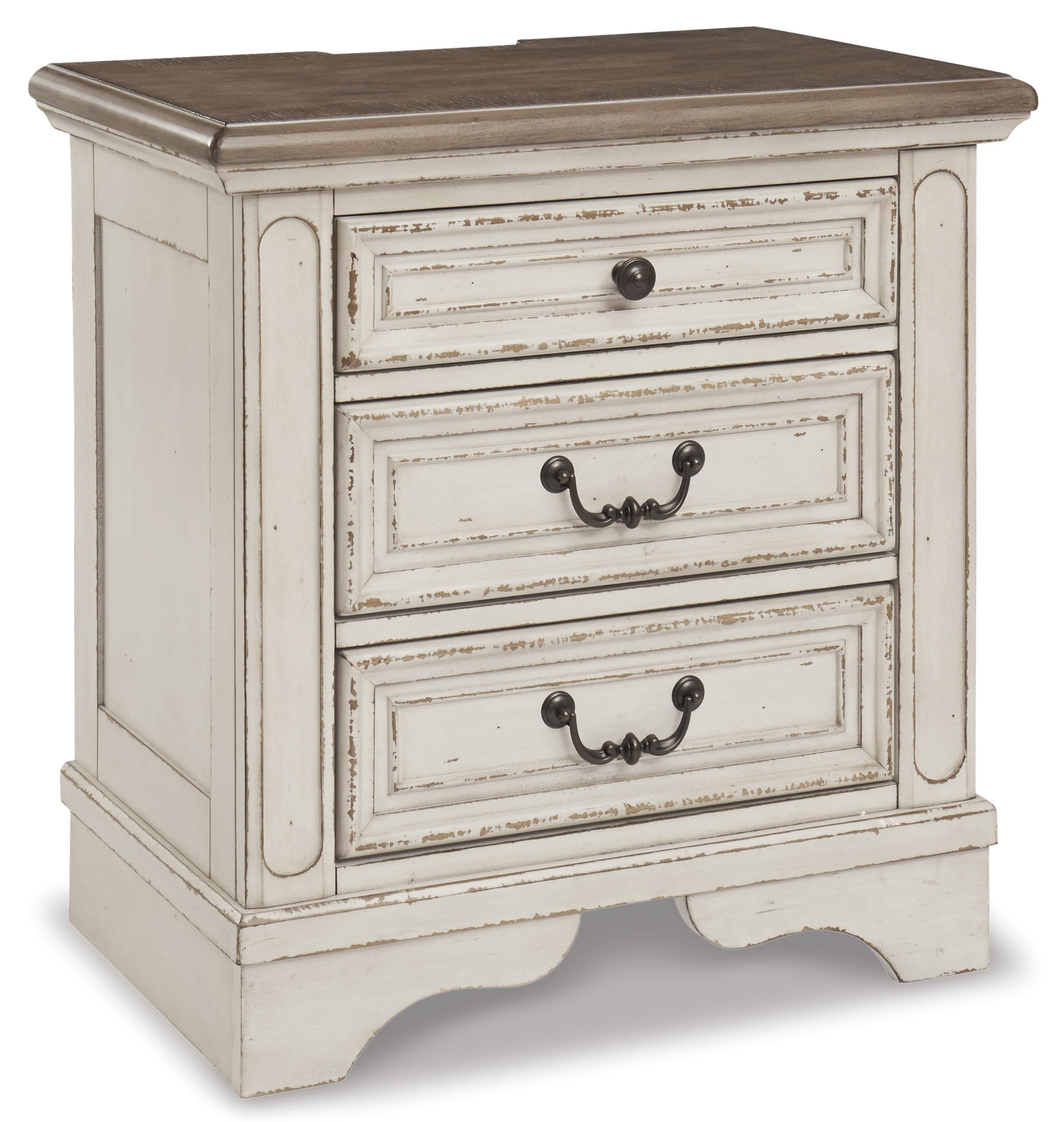 Cottage Nightstand with USB Outlets – 3 Drawer, Chipped White