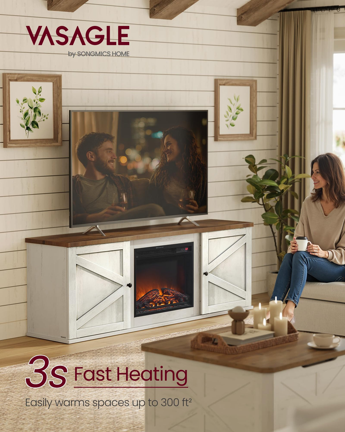 VASAGLE Fireplace TV Stand, Farmhouse Entertainment Center for 80'' TV