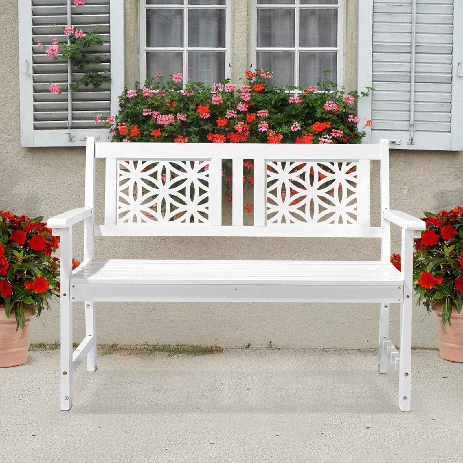 Floral Wood Outdoor Bench – 3-Seater, 660 lbs, White