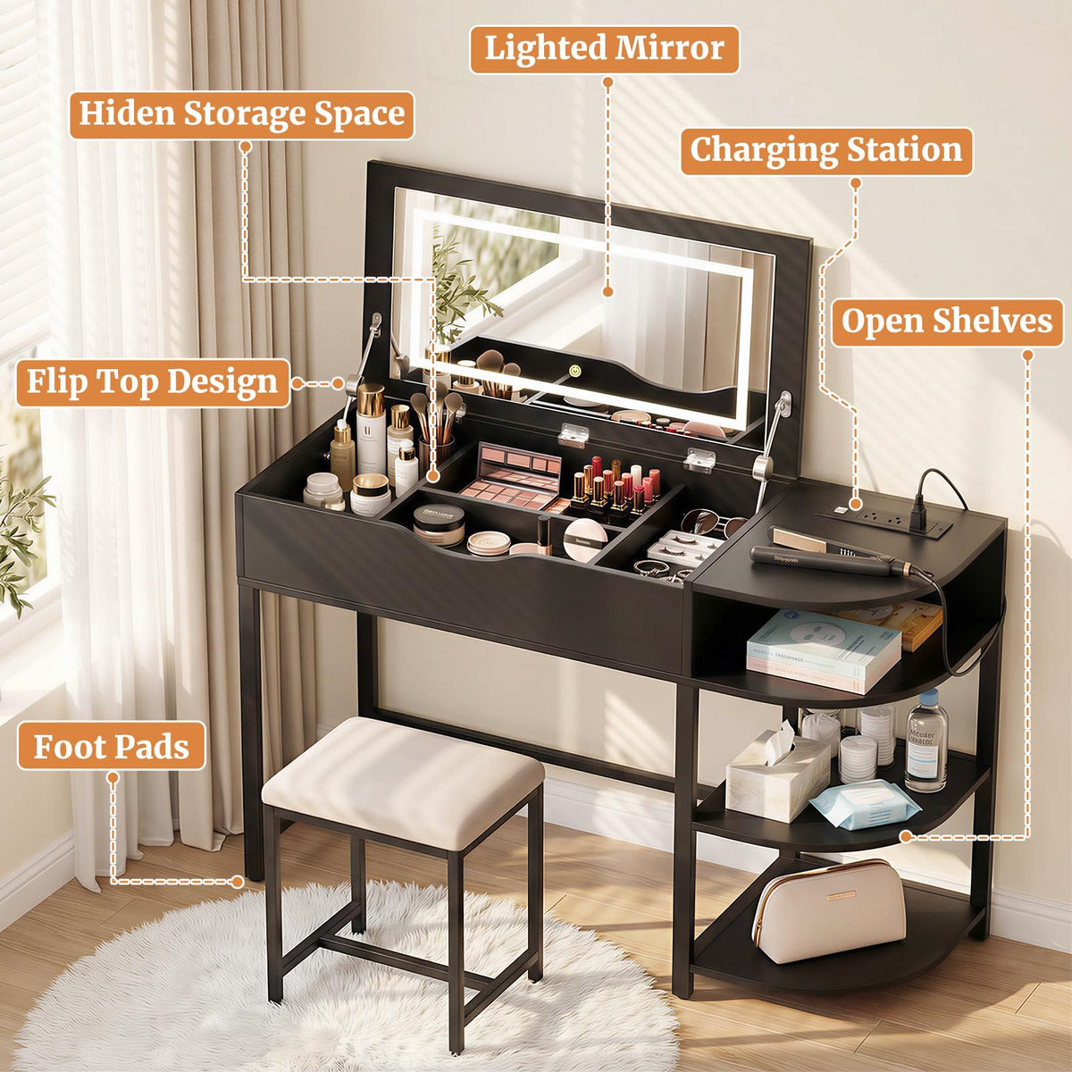 Flip-Top Vanity Desk with Lights